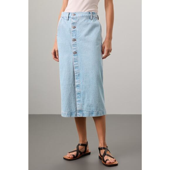 MADEWELL Light Blue Denim 100% Cotton Button Front Slit Wrap Midi Skirt Size 29 - Picture 2 of 12